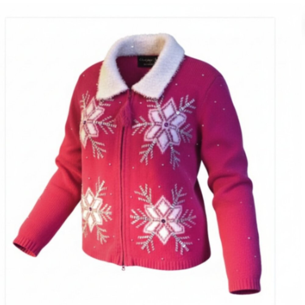 Christopher Radko Women Christmas Sweater Size M Pink Beaded Snowflake Cardigan